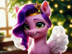 Size: 4096x3072 | Tagged: safe, ai content, derpibooru import, machine learning generated, stable diffusion, pipp petals, pegasus, pony, g5, crown, female, generator:pony diffusion v6 xl, generator:purplesmart.ai, image, jewelry, jpeg, looking at you, regalia, smiling, solo, wings