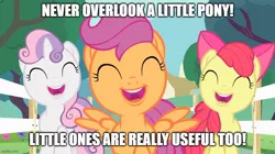 Size: 888x499 | Tagged: safe, derpibooru import, edit, edited screencap, screencap, apple bloom, scootaloo, sweetie belle, earth pony, pegasus, pony, unicorn, flight to the finish, apple bloom's bow, bow, female, filly, foal, hair bow, image, jpeg, meme, never overlook a engine, open mouth, open smile, parody, reference, scene parody, singing, smiling, song, song in the description, song parody, thomas and friends, thomas and friends:sodor's legend of the lost treasure, thomas the tank engine, trio