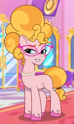 Size: 517x868 | Tagged: safe, derpibooru import, screencap, phyllis cloverleaf, earth pony, pony, g5, mane melody, my little pony: tell your tale, spoiler:g5, spoiler:my little pony: tell your tale, spoiler:tyts01e05, cropped, door, ear piercing, earring, female, glasses, grin, image, indoors, jewelry, mane melody (location), mare, necklace, pearl necklace, piercing, png, smiling, solo, tail, unshorn fetlocks