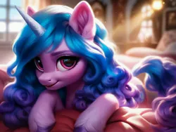 Size: 4096x3072 | Tagged: safe, ai content, derpibooru import, machine learning generated, stable diffusion, izzy moonbow, pony, unicorn, g5, ear fluff, generator:pony diffusion v6 xl, generator:purplesmart.ai, horn, image, jpeg, looking at you, lying down, smiling