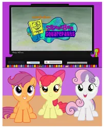 Size: 505x622 | Tagged: safe, derpibooru import, apple bloom, scootaloo, sweetie belle, pony, cutie mark crusaders, female, filly, foal, g4, image, jpeg, nickelodeon, spongebob squarepants, spongebob squarepants (character), television, watching tv