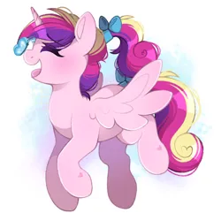 Size: 1958x1958 | Tagged: safe, artist:adostume, derpibooru import, princess cadance, alicorn, butterfly, insect, pony, blushing, bow, butterfly on nose, digital art, eyes closed, female, flying, hair bow, heart, image, insect on nose, mare, open mouth, open smile, png, ponytail, simple background, smiling, solo, spread wings, tail, tail bow, wings