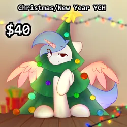 Size: 3000x3000 | Tagged: safe, artist:o0o-bittersweet-o0o, derpibooru import, oc, alicorn, earth pony, pegasus, pony, any gender, christmas, christmas tree, clothes, commission, costume, eye clipping through hair, garland, happy new year, holiday, image, indoors, looking at you, png, present, raised hoof, sitting, solo, spread wings, text, tree, wings, your character here