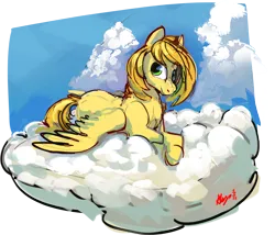Size: 4495x3852 | Tagged: safe, artist:alumx, derpibooru import, oc, oc:caramel drop, pegasus, pony, cloud, female, image, looking at you, lying down, mare, no source available, painting, patreon, patreon reward, png, simple background, smiling, smiling at you