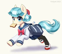 Size: 2208x1908 | Tagged: safe, artist:vinilyart, derpibooru import, coco pommel, earth pony, pony, clothes, hello kitty, image, png, running, school uniform, schoolgirl toast, shoes, simple background, socks, solo, stockings, thigh highs, uniform, white background