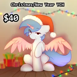 Size: 3000x3000 | Tagged: safe, artist:o0o-bittersweet-o0o, derpibooru import, oc, alicorn, earth pony, pegasus, pony, any gender, christmas, clothes, commission, eye clipping through hair, garland, happy new year, hat, holiday, image, indoors, looking at you, png, present, raised hoof, santa hat, sitting, solo, spread wings, text, tree, wings, your character here