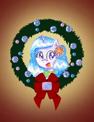 Size: 2550x3300 | Tagged: safe, artist:flutterluv, derpibooru import, part of a set, izzy moonbow, pony, unicorn, g5, bust, christmas, christmas wreath, gradient background, holiday, image, jpeg, portrait, smiling, solo, wreath