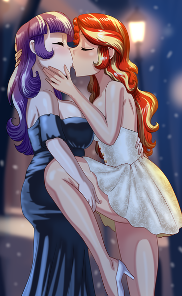 Size: 1262x2048 | Tagged: suggestive, artist:thebrokencog, derpibooru import, sunset shimmer, twilight velvet, human, fanfic, equestria girls, age difference, big breasts, breasts, busty sunset shimmer, busty twilight velvet, caress, city, clothes, commission, crack shipping, date night, dress, duo, duo female, eyes closed, fanfic art, female, females only, g4, hand behind back, hand on face, hand on head, humanized, image, kiss on the lips, kissing, lamppost, large butt, lesbian, lifted leg, love, night, png, raised leg, romance, romantic, shipping, snow, snowfall, winter