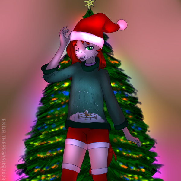 Size: 2000x2000 | Tagged: safe, artist:endelthepegasus, derpibooru import, oc, oc:flappy smile, unofficial characters only, anthro, christmas, christmas lights, christmas stocking, christmas tree, clothes, collar, female, hat, holiday, image, looking at you, one eye closed, open mouth, png, santa hat, socks, solo, thigh highs, tree