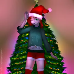 Size: 2000x2000 | Tagged: safe, artist:endelthepegasus, derpibooru import, oc, oc:flappy smile, unofficial characters only, anthro, christmas, christmas lights, christmas stocking, christmas tree, clothes, collar, female, hat, holiday, image, looking at you, one eye closed, open mouth, png, santa hat, socks, solo, thigh highs, tree