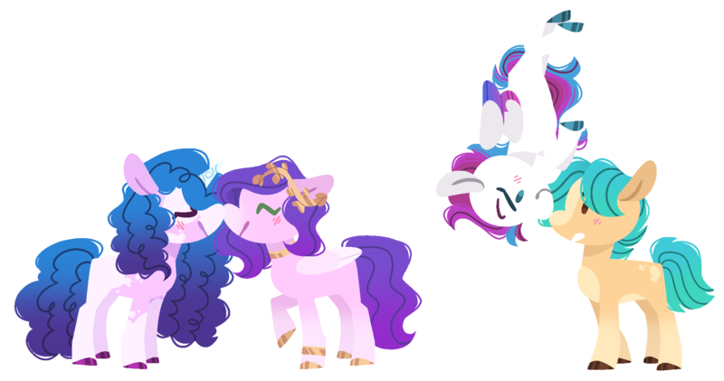 Size: 2073x1091 | Tagged: safe, artist:pixiesimm, derpibooru import, hitch trailblazer, izzy moonbow, pipp petals, zipp storm, pony, g5, female, hitchzipp, image, izzypipp, lesbian, male, nuzzling, png, shipping, simple background, straight, transparent background