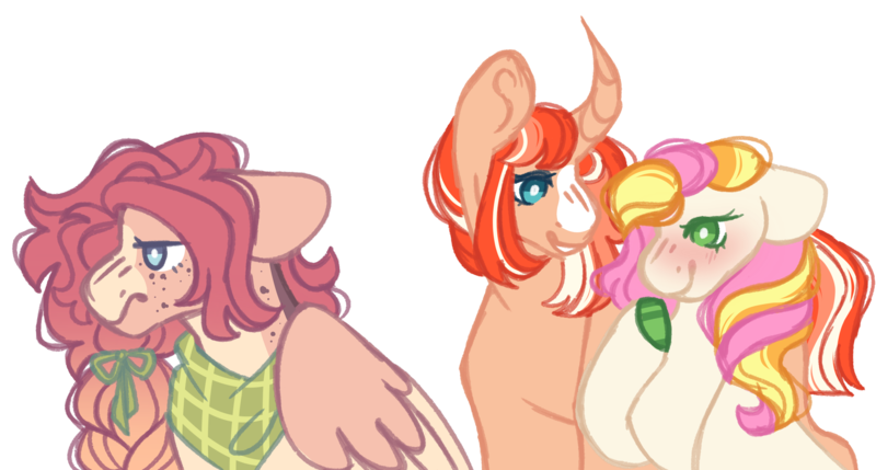 Size: 2958x1587 | Tagged: safe, artist:pixiesimm, derpibooru import, oc, oc:citric smiles, oc:orange cream, oc:sweet drink, unofficial characters only, earth pony, pegasus, pony, unicorn, female, image, mare, png, simple background, transparent background