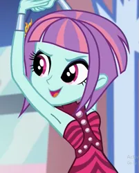 Size: 519x647 | Tagged: safe, derpibooru import, edit, edited screencap, screencap, sunny flare, dance magic, equestria girls, equestria girls series, spoiler:eqg specials, armpits, arms in the air, cropped, eyebrows, flamenco dress, image, open mouth, open smile, png, raised eyebrow, sleeveless, smiling, stretching, talking, wrist cuffs