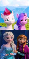 Size: 1000x2000 | Tagged: safe, derpibooru import, edit, edited screencap, screencap, pipp petals, zipp storm, human, pegasus, pony, g5, my little pony: a new generation, spoiler:my little pony: a new generation, anna (frozen), disney, elsa, female, frozen (movie), image, pixelated, png, royal sisters (g5), siblings, sisters