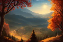 Size: 1536x1024 | Tagged: safe, ai content, derpibooru import, machine learning generated, prompter:natjo, stable diffusion, pony, autumn, background, derpibooru exclusive, forest, generator:pony diffusion v4, image, mountain, nature, painting, png, scenery, sky, sunset, tree