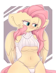 Size: 1554x2002 | Tagged: suggestive, artist:eventseem, derpibooru import, fluttershy, anthro, pegasus, pony, unguligrade anthro, adorasexy, belly button, blushing, breasts, busty fluttershy, clothes, cute, detached sleeves, female, g4, image, mare, panties, png, sexy, shyabetes, simple background, solo, solo female, sweater, sweatershy, underwear, virgin destroyer sweater, wide hips