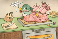 Size: 2382x1591 | Tagged: suggestive, artist:icaron, derpibooru import, gabby, bird, gryphon, turkey, baster, blushing, bondage, bound wings, cooked alive, cooking, cooking vore, cutting board, dialogue, food, g4, gag, holiday, image, imminent death, imminent vore, implied cannibalism, implied vore, jpeg, kitchen, kitchen counter, knife, oil, oven, pan, paws, person as food, plucked wings, roast, shaved, squirming, struggling, stuffing, thanksgiving, this will end in death, tied up, tray, turkey baster, wings