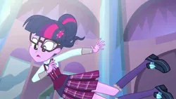 Size: 1280x720 | Tagged: safe, derpibooru import, screencap, sci-twi, twilight sparkle, human, equestria girls, friendship games, blooper, clothes, crystal prep academy uniform, falling, female, friendship games bloopers, glasses, image, jpeg, oops, school uniform, solo, tripping