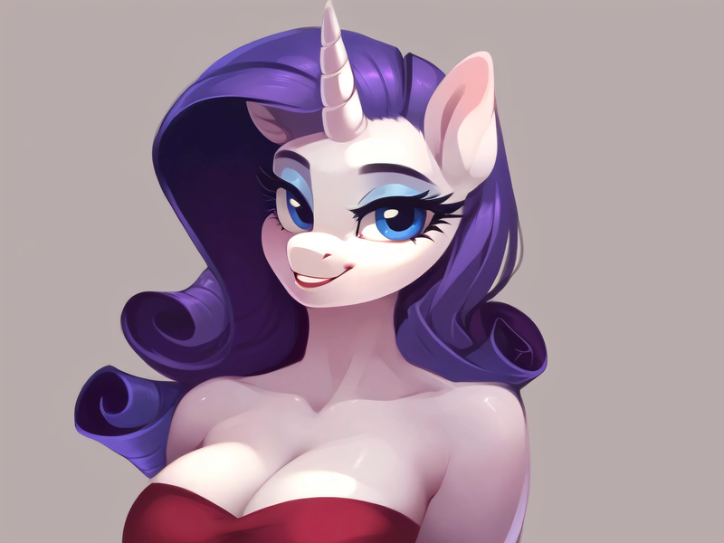 Size: 4096x3072 | Tagged: suggestive, ai content, derpibooru import, generator:pony diffusion v6, machine learning generated, rarity, anthro, unicorn, beautiful, big breasts, breasts, cleavage, g4, image, looking back, png, prompter:frw, sexy, simple background, smiling, solo, strapless bra