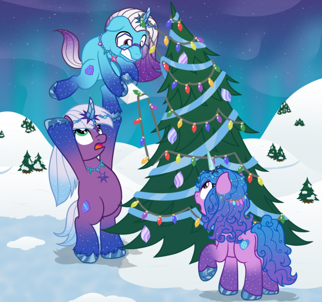 Size: 1982x1859 | Tagged: safe, artist:nitei, derpibooru import, izzy moonbow, pony, unicorn, g5, auroricorn, bipedal, christmas, christmas lights, christmas ornament, christmas tree, chubby, clumsy, comet (g5), decoration, female, floppy ears, g4, g5 to g4, gasp, generation leap, glasses, gritted teeth, holiday, image, jewelry, lifting, looking down, looking up, male, mare, necklace, open mouth, pine tree, png, raised hoof, ribbon, snow, stallion, starlight ridge, teeth, tree, trio, unshorn fetlocks, violet frost, winter