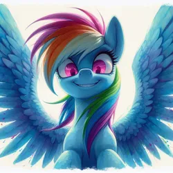 Size: 1024x1024 | Tagged: prompter needed, semi-grimdark, ai content, derpibooru import, machine learning generated, rainbow dash, pegasus, pony, crazy eyes, crazy face, eyelashes, faic, female, g4, generator:dall-e 3, grin, image, insanity, jpeg, looking at you, looking down, looking down at you, looming, looming over, mare, simple background, smiling, solo, spread wings, this will end in death, this will end in tears, this will end in tears and/or death, white background, wings