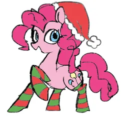 Size: 506x488 | Tagged: safe, artist:cryweas, artist:icicle-wicicle-1517, artist:metaruscarlet, color edit, derpibooru import, edit, pinkie pie, earth pony, pony, christmas, clothes, collaboration, colored, cute, diapinkes, female, hat, holiday, image, mare, open mouth, png, raised hoof, santa hat, simple background, socks, solo, striped socks, white background