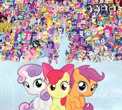 Size: 2400x2160 | Tagged: safe, artist:rvceric, derpibooru import, edit, idw, apple bloom, applejack, derpy hooves, fluttershy, pinkie pie, rainbow dash, rarity, sci-twi, scootaloo, sunny starscout, sweetie belle, twilight (g1), twilight sparkle, alicorn, breezie, earth pony, pegasus, pony, unicorn, equestria girls, g1, g5, my little pony: pony life, 3d, cutie mark crusaders, female, filly, foal, g4, g5 concept leaks, humane five, humane six, image, jpeg, mane six, multiverse, scepter, source filmmaker, spider-man: across the spider-verse