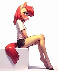 Size: 1152x1408 | Tagged: safe, ai content, derpibooru import, machine learning generated, prompter:foxlover7796, apple bloom, anthro, earth pony, unguligrade anthro, aside glance, blushing, clothes, grin, image, jpeg, looking at you, miniskirt, missing accessory, shirt, sideways glance, simple background, skirt, smiling, solo, t-shirt, white background