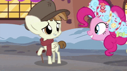 Size: 1920x1080 | Tagged: safe, derpibooru import, screencap, featherweight, pinkie pie, spirit of hearth's warming presents, earth pony, pony, a hearth's warming tail, a christmas carol, anchors aweigh (film), animated, bipedal, candy, candy in hair, christmas, clothes, colt, cute, dancing, diapinkes, discovery family, discovery family logo, dress, eye contact, eyes closed, featherbetes, female, foal, food, g4, grin, hat, heartwarming, holiday, image, logo, looking at each other, looking at someone, male, mare, open mouth, scarf, smiling, tap dancing, tiny tim, webm