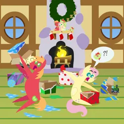 Size: 2160x2160 | Tagged: safe, anonymous artist, derpibooru import, big macintosh, fluttershy, oc, oc:late riser, earth pony, pegasus, pony, series:fm holidays, series:hearth's warming advent calendar 2023, advent calendar, alternate hairstyle, baby, baby pony, ball, big eyes, christmas, colt, drool, exclamation point, family, female, fireplace, fluttermac, fluttershy's bedroom, fluttershy's cottage, foal, g4, hearth's warming doll, high res, holiday, hoof hold, hoof sucking, image, interrobang, lineless, male, mare, offspring, onomatopoeia, open mouth, panic, parent:big macintosh, parent:fluttershy, parents:fluttermac, png, pointy ponies, present, question mark, shipping, short mane, sitting, sleeping, sound effects, speech bubble, stallion, straight, toy, train, unwrapping, zzz