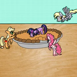 Size: 1000x1000 | Tagged: safe, artist:scandianon, derpibooru import, applejack, derpy hooves, pinkie pie, twilight sparkle, earth pony, pegasus, pony, unicorn, female, food, hoers, image, mare, png, ponies in food, pumpkin pie, rectangular pupil, tiny, tiny ponies, unicorn twilight, whiskers