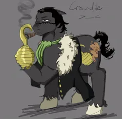Size: 824x807 | Tagged: safe, artist:flutterisshyy, derpibooru import, ponified, earth pony, pony, anime, cigar, clothes, coat, gray background, image, jpeg, one piece, simple background, sir crocodile, smoking, solo