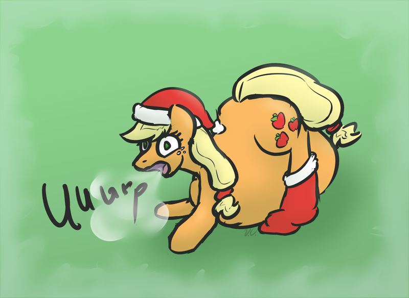 Size: 1102x805 | Tagged: suggestive, artist:voraciouscutie, derpibooru import, applejack, earth pony, pony, belly, big belly, burp, christmas, digestion, female, fetish, g4, hat, hearth's warming, hearth's warming eve, holiday, huge belly, image, impossibly large belly, mare pred, png, predajack, santa hat, unknown prey, vore