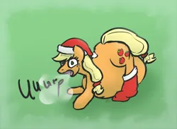 Size: 1102x805 | Tagged: suggestive, artist:voraciouscutie, derpibooru import, applejack, earth pony, pony, belly, big belly, burp, christmas, digestion, female, fetish, g4, hat, hearth's warming, hearth's warming eve, holiday, huge belly, image, impossibly large belly, mare pred, png, predajack, santa hat, unknown prey, vore