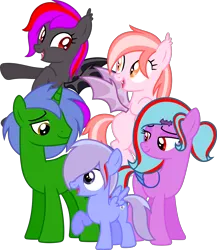 Size: 9493x10915 | Tagged: safe, artist:melodismol, derpibooru import, oc, oc:alum orchid, oc:omega(phosphorshy), oc:star beats, oc:stormy decibels, oc:strawberry gleam, bat pony, pegasus, pony, unicorn, derpibooru community collaboration, 2024 community collab, absurd resolution, fangs, female, filly, flying, foal, folded wings, group, hairclip, image, looking at each other, looking at someone, open mouth, png, simple background, smiling, spread wings, transparent background, vector, wings