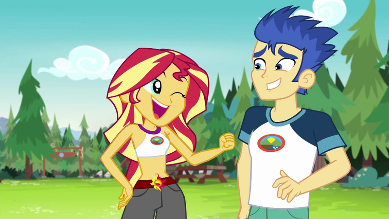 Size: 1280x720 | Tagged: safe, derpibooru import, edit, edited screencap, screencap, flash sentry, sunset shimmer, human, equestria girls, legend of everfree, belly button, camp everfree, camp everfree outfits, female, flashimmer, g4, image, male, midriff, one eye closed, pine tree, png, punch, shipping, sleeveless, straight, tree, wink