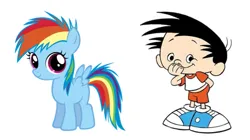 Size: 783x440 | Tagged: safe, edit, ponerpics import, rainbow dash, pegasus, pony, blank flank, bobby generic, bobby's world, clothes, crossover, cute, dashabetes, female, filly, filly rainbow dash, g4, image, look-alike, male, png, shirt, shoes, simple background, smiling, white background, younger