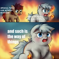 Size: 3072x3072 | Tagged: grimdark, ai content, derpibooru import, machine learning generated, earth pony, fluffy pony, burning, chonk, duo, fat, fire, fluffy speech, funny, image, imminent death, looking at you, on fire, open mouth, png, sitting, special friend, stoic, talking