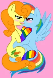 Size: 500x738 | Tagged: safe, artist:silentfilly, derpibooru import, carrot top, golden harvest, rainbow dash, earth pony, pegasus, pony, base used, blushing, carrotdash, clothes, crack shipping, drool, duo, duo female, eye clipping through hair, female, french kiss, g4, half-lidded eyes, image, kissing, lesbian, looking at each other, looking at someone, making out, mare, pink background, png, rainbow socks, shipping, simple background, sloppy kissing, socks, striped socks