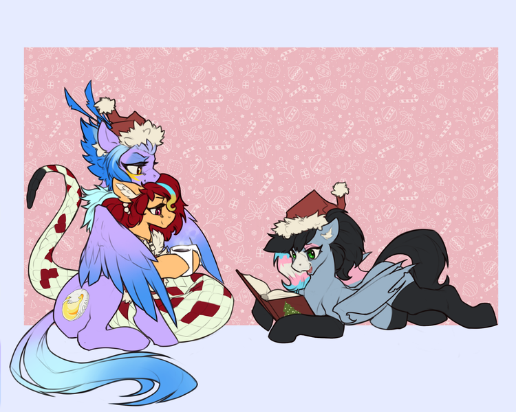 Size: 2500x2000 | Tagged: safe, artist:nsilverdraws, derpibooru import, oc, oc:anya heartsqueeze, oc:empyrea, oc:starskipper, bat pony, lamia, original species, pegasus, bat pony oc, bat wings, book, chest fluff, chocolate, christmas, clothes, cutie mark, feathered wings, food, hat, holiday, hot chocolate, image, jewelry, necklace, pegasus oc, png, reading, santa hat, scales, simple background, socks, spread wings, trans pride flag, wings