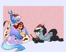 Size: 2500x2000 | Tagged: safe, artist:nsilverdraws, derpibooru import, oc, oc:anya heartsqueeze, oc:empyrea, oc:starskipper, bat pony, lamia, original species, pegasus, bat pony oc, bat wings, book, chest fluff, chocolate, christmas, clothes, cutie mark, feathered wings, food, hat, holiday, hot chocolate, image, jewelry, necklace, pegasus oc, png, reading, santa hat, scales, simple background, socks, spread wings, trans pride flag, wings