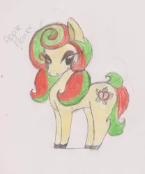 Size: 900x1083 | Tagged: safe, artist:razzle-the-dazzle, derpibooru import, oc, oc:apple flower, unofficial characters only, earth pony, pony, 2012, colored hooves, earth pony oc, eyeshadow, female, image, jpeg, lidded eyes, makeup, mare, pigtails, simple background, solo, standing, traditional art, white background