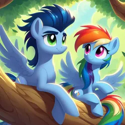 Size: 1024x1024 | Tagged: safe, ai content, derpibooru import, machine learning generated, prompter:*rainbow dash*, rainbow dash, soarin', female, generator:bing image creator, image, jpeg, male, shipping, sitting in a tree, smiling, soarindash, spread wings, straight, tree, wings