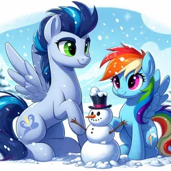 Size: 1024x1024 | Tagged: safe, ai content, derpibooru import, machine learning generated, prompter:*rainbow dash*, rainbow dash, soarin', cloud, cloudy, female, generator:bing image creator, image, male, png, shipping, smiling, snow, snowman, soarindash, straight
