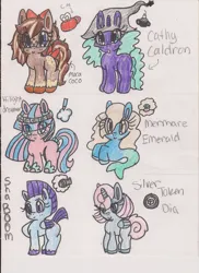 Size: 900x1236 | Tagged: safe, artist:razzle-the-dazzle, derpibooru import, oc, oc:cathy cauldron, oc:hilight dreamer, oc:mermare emerald, oc:moca coco, oc:sha boom, oc:silver token diamond, unofficial characters only, alicorn, earth pony, merpony, pegasus, pony, unicorn, 2012, :o, alicorn oc, appaloosa, bow, closed mouth, coat markings, colored hooves, colored wings, colored wingtips, cyan eyes, earth pony oc, female, folded wings, glasses, group, hair bow, hat, headband, horn, image, jpeg, mare, mohawk, open mouth, pegasus oc, purple eyes, raised hoof, sextet, simple background, smiling, socks (coat marking), standing, tail, tail bow, traditional art, unicorn oc, unshorn fetlocks, white background, wings, witch hat