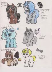 Size: 900x1236 | Tagged: safe, artist:razzle-the-dazzle, derpibooru import, oc, oc:divine fable, oc:strong hold, oc:sweet carmen, oc:techno jack, oc:water lily, oc:zeruiah the eternal witch, unofficial characters only, earth pony, pegasus, pony, unicorn, 2012, blue eyes, brown eyes, closed mouth, clothes, dress, earth pony oc, eyeshadow, female, flower, flower in hair, gray eyes, group, headphones, headphones around neck, heterochromia, horn, image, jpeg, lidded eyes, makeup, male, mare, pegasus oc, pigtails, raised hoof, red eyes, sextet, simple background, smiling, stallion, standing, traditional art, unicorn oc, white background, wings