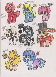 Size: 900x1236 | Tagged: safe, artist:razzle-the-dazzle, derpibooru import, oc, oc:cherry blossom, oc:honey, oc:ring leader, oc:ruby comet, oc:sew, oc:shooting star, oc:sugar pie, oc:thunder clops, unofficial characters only, alicorn, earth pony, pegasus, pony, unicorn, zebra, zebrasus, 2012, alicorn oc, blue eyes, blush lines, blushing, broken horn, brown eyes, closed mouth, clothes, colored hooves, cyan eyes, earth pony oc, female, filly, foal, folded wings, hair over eyes, horn, image, jpeg, male, male alicorn, male alicorn oc, mare, open mouth, open smile, pegasus oc, purple eyes, raised hoof, red eyes, skirt, smiling, stallion, standing, traditional art, unicorn oc, unshorn fetlocks, wings, yellow eyes