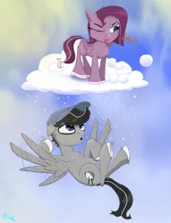 Size: 1500x1968 | Tagged: safe, derpibooru import, oc, oc:chopsticks, oc:cookie cutter, unofficial characters only, pegasus, pony, derpibooru community collaboration, cheek fluff, chest fluff, cloud, fanning self, father and child, father and daughter, female, filly, flying, foal, hat, image, male, on a cloud, one eye closed, open mouth, png, snow, snowball, snowfall, stallion, standing on a cloud, sweat, tongue out, unshorn fetlocks, wing hold, wings