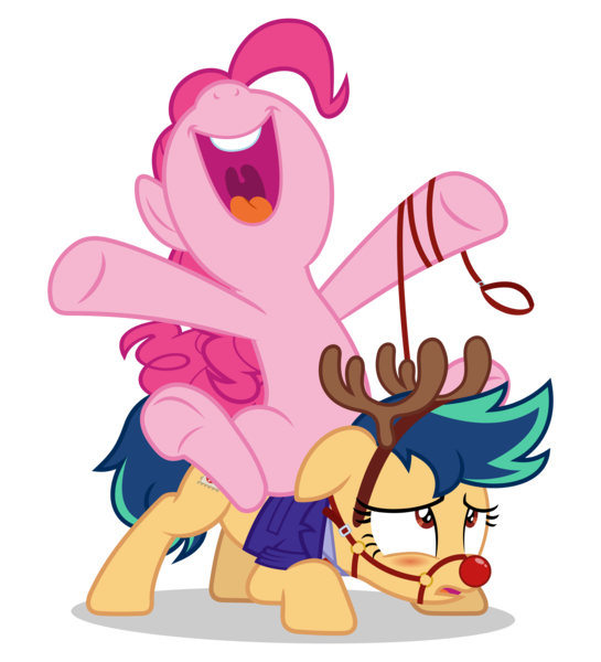 Size: 5000x5500 | Tagged: safe, artist:gypsykumquat, derpibooru import, pinkie pie, oc, oc:fiery stamp, deer, earth pony, pony, reindeer, .svg available, absurd resolution, animal costume, antlers, blushing, canon x oc, christmas, clothes, costume, duo, duo female, face down ass up, female, g4, headband, holiday, image, inkscape, leash, png, reindeer antlers, reindeer costume, riding, riding a pony, show accurate, simple background, smiling, submissive, transparent background, vector