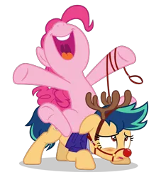 Size: 5000x5500 | Tagged: safe, artist:gypsykumquat, derpibooru import, pinkie pie, oc, oc:fiery stamp, deer, earth pony, pony, reindeer, .svg available, absurd resolution, animal costume, antlers, blushing, canon x oc, christmas, clothes, costume, duo, duo female, face down ass up, female, g4, headband, holiday, image, inkscape, leash, png, reindeer antlers, reindeer costume, riding, riding a pony, show accurate, simple background, smiling, submissive, transparent background, vector